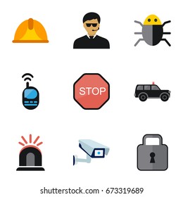 Set Of 9 Editable Safety Icons. Includes Symbols Such As Security Camera, Hatchback, Guard And More. Can Be Used For Web, Mobile, UI And Infographic Design.