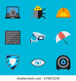 Set Of 9 Editable Safety Icons. Includes Symbols Such As Protection, Security Camera, Lock And More. Can Be Used For Web, Mobile, UI And Infographic Design.