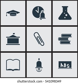 Set Of 9 Editable School Icons. Includes Symbols Such As Library, Univercity, School Bell And More. Can Be Used For Web, Mobile, UI And Infographic Design.