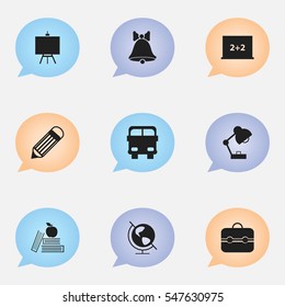 Set Of 9 Editable School Icons. Includes Symbols Such As Eraser, Transport Vehicle, Writing Board And More. Can Be Used For Web, Mobile, UI And Infographic Design.