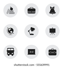 Set Of 9 Editable School Icons. Includes Symbols Such As Textbook, Transport Vehicle, Portfolio And More. Can Be Used For Web, Mobile, UI And Infographic Design.