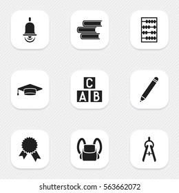 Set Of 9 Editable School Icons. Includes Symbols Such As Library, Alarm Bell, Graduate And More. Can Be Used For Web, Mobile, UI And Infographic Design.