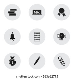 Set Of 9 Editable School Icons. Includes Symbols Such As Pencil, Library, Alarm Bell And More. Can Be Used For Web, Mobile, UI And Infographic Design.