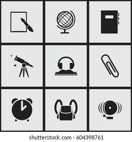 Set Of 9 Editable School Icons. Includes Symbols Such As Taped Book, Alarm, Notepaper And More. Can Be Used For Web, Mobile, UI And Infographic Design.
