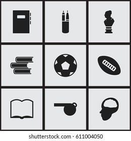 Set Of 9 Editable School Icons. Includes Symbols Such As Book, Library, Workbook And More. Can Be Used For Web, Mobile, UI And Infographic Design.