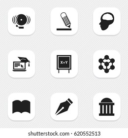 Set Of 9 Editable School Icons. Includes Symbols Such As Nib, Molecule, Writing And More. Can Be Used For Web, Mobile, UI And Infographic Design.