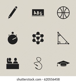 Set Of 9 Editable School Icons. Includes Symbols Such As Chronometer, Basket Play, Student And More. Can Be Used For Web, Mobile, UI And Infographic Design.