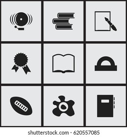 Set Of 9 Editable School Icons. Includes Symbols Such As Book, Ring, Semicircle Ruler And More. Can Be Used For Web, Mobile, UI And Infographic Design.