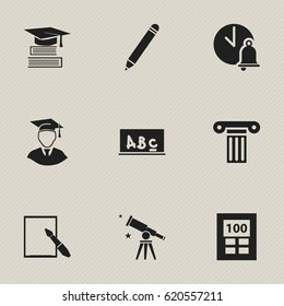 Set Of 9 Editable School Icons. Includes Symbols Such As Binoculars, Pencil, School Board And More. Can Be Used For Web, Mobile, UI And Infographic Design.