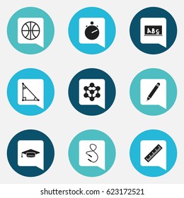 Set Of 9 Editable School Icons. Includes Symbols Such As Skipping Rope, Basket Play, Molecule And More. Can Be Used For Web, Mobile, UI And Infographic Design.