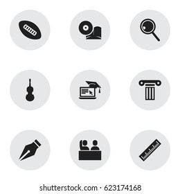 Set Of 9 Editable School Icons. Includes Symbols Such As Distance Learning, Nib, Fiddle And More. Can Be Used For Web, Mobile, UI And Infographic Design.