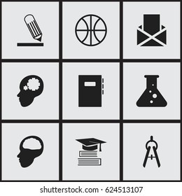 Set Of 9 Editable School Icons. Includes Symbols Such As Writing, Math Tool, Chemistry And More. Can Be Used For Web, Mobile, UI And Infographic Design.