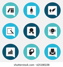 Set Of 9 Editable School Icons. Includes Symbols Such As Notepaper, Creative Idea, Bookshelf And More. Can Be Used For Web, Mobile, UI And Infographic Design.