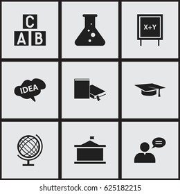 Set Of 9 Editable School Icons. Includes Symbols Such As Mind, Thinking Man, Earth Planet And More. Can Be Used For Web, Mobile, UI And Infographic Design.