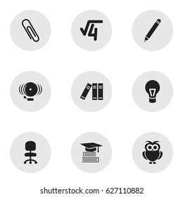 Set Of 9 Editable School Icons. Includes Symbols Such As Lamp, Ring, Staple And More. Can Be Used For Web, Mobile, UI And Infographic Design.