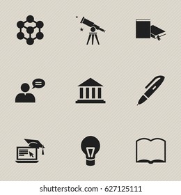 Set Of 9 Editable School Icons. Includes Symbols Such As Book, Thinking Man, Molecule And More. Can Be Used For Web, Mobile, UI And Infographic Design.