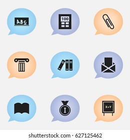 Set Of 9 Editable School Icons. Includes Symbols Such As First Place, Dictionary, Calculator And More. Can Be Used For Web, Mobile, UI And Infographic Design.