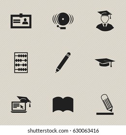 Set Of 9 Editable School Icons. Includes Symbols Such As Distance Learning, Ring, Writing And More. Can Be Used For Web, Mobile, UI And Infographic Design.