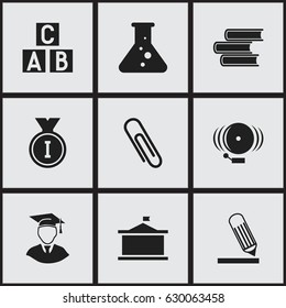 Set Of 9 Editable School Icons. Includes Symbols Such As Alphabet Cube, Staple, Writing And More. Can Be Used For Web, Mobile, UI And Infographic Design.