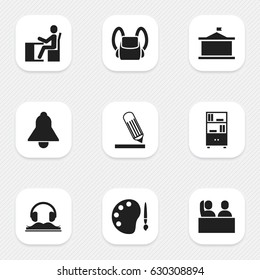 Set Of 9 Editable School Icons. Includes Symbols Such As Taped Book, Student, Schoolboy And More. Can Be Used For Web, Mobile, UI And Infographic Design.