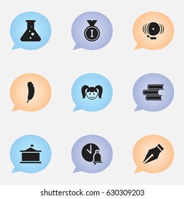 Set Of 9 Editable School Icons. Includes Symbols Such As School Bell, Feather, Library And More. Can Be Used For Web, Mobile, UI And Infographic Design.