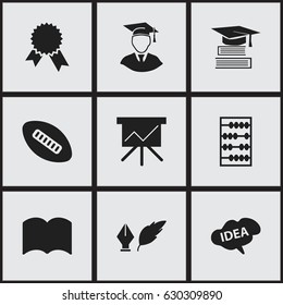 Set Of 9 Editable School Icons. Includes Symbols Such As Oval Ball, Mind, Dictionary And More. Can Be Used For Web, Mobile, UI And Infographic Design.