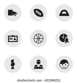 Set Of 9 Editable School Icons. Includes Symbols Such As Oval Ball, Certification, Basket Play And More. Can Be Used For Web, Mobile, UI And Infographic Design.