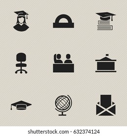 Set Of 9 Editable School Icons. Includes Symbols Such As Work Seat, Graduate, Earth Planet And More. Can Be Used For Web, Mobile, UI And Infographic Design.