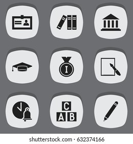 Set Of 9 Editable School Icons. Includes Symbols Such As Museum, Certification, Bookshelf And More. Can Be Used For Web, Mobile, UI And Infographic Design.
