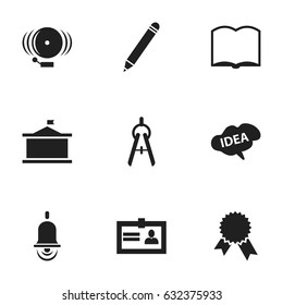 Set Of 9 Editable School Icons. Includes Symbols Such As Univercity, Book, Alarm Bell And More. Can Be Used For Web, Mobile, UI And Infographic Design.