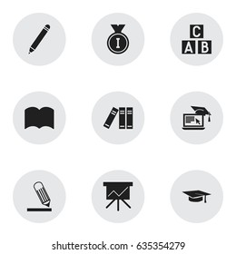 Set Of 9 Editable School Icons. Includes Symbols Such As Chart Board, Distance Learning, First Place And More. Can Be Used For Web, Mobile, UI And Infographic Design.