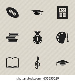 Set Of 9 Editable School Icons. Includes Symbols Such As Calculator, Quaver, Book And More. Can Be Used For Web, Mobile, UI And Infographic Design.