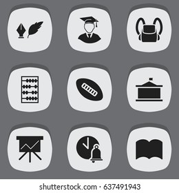 Set Of 9 Editable School Icons. Includes Symbols Such As Chart Board, Schoolbag, Literature And More. Can Be Used For Web, Mobile, UI And Infographic Design.