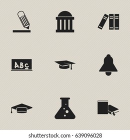 Set Of 9 Editable School Icons. Includes Symbols Such As Bookshelf, Writing, Graduate And More. Can Be Used For Web, Mobile, UI And Infographic Design.