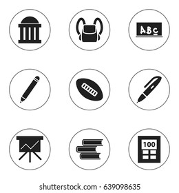 Set Of 9 Editable School Icons. Includes Symbols Such As Chart Board, Calculator, School Board And More. Can Be Used For Web, Mobile, UI And Infographic Design.