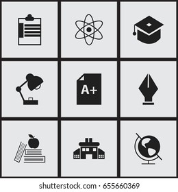 Set Of 9 Editable School Icons. Includes Symbols Such As Textbook, Lighting, Kindergarten And More. Can Be Used For Web, Mobile, UI And Infographic Design.