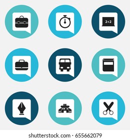 Set Of 9 Editable School Icons. Includes Symbols Such As Trunk, Portfolio, Timer And More. Can Be Used For Web, Mobile, UI And Infographic Design.