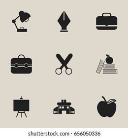 Set Of 9 Editable School Icons. Includes Symbols Such As Textbook, Trunk, Cutting And More. Can Be Used For Web, Mobile, UI And Infographic Design.