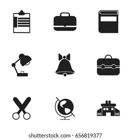 Set Of 9 Editable School Icons. Includes Symbols Such As Supervision List, Portfolio, Lighting And More. Can Be Used For Web, Mobile, UI And Infographic Design.