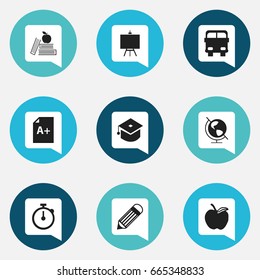 Set Of 9 Editable School Icons. Includes Symbols Such As Eraser , Painter's Stand, Page. Can Be Used For Web, Mobile, UI And Infographic Design.