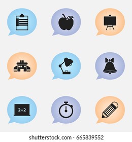 Set Of 9 Editable School Icons. Includes Symbols Such As Eraser, Timer, Jingle And More. Can Be Used For Web, Mobile, UI And Infographic Design.
