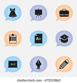 Set Of 9 Editable School Icons. Includes Symbols Such As Portfolio , Painter's Stand, Supervision List. Can Be Used For Web, Mobile, UI And Infographic Design.