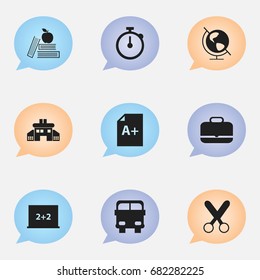 Set Of 9 Editable School Icons. Includes Symbols Such As Timer, Transport Vehicle, Page And More. Can Be Used For Web, Mobile, UI And Infographic Design.