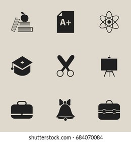 Set Of 9 Editable School Icons. Includes Symbols Such As Textbook, Jingle, Cutting And More. Can Be Used For Web, Mobile, UI And Infographic Design.