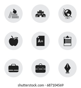 Set Of 9 Editable School Icons. Includes Symbols Such As Portfolio, Apple, Textbook And More. Can Be Used For Web, Mobile, UI And Infographic Design.