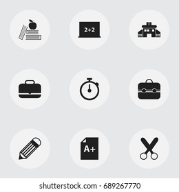 Set Of 9 Editable School Icons. Includes Symbols Such As Portfolio, Textbook, Trunk And More. Can Be Used For Web, Mobile, UI And Infographic Design.