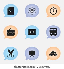 Set Of 9 Editable School Icons. Includes Symbols Such As Timer, Molecule, Page And More. Can Be Used For Web, Mobile, UI And Infographic Design.