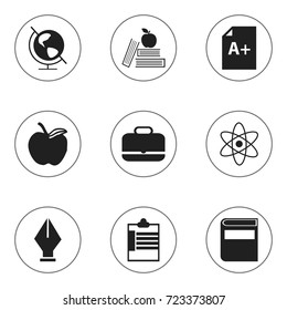 Set Of 9 Editable School Icons. Includes Symbols Such As Earth Planet, Supervision List, Textbook And More. Can Be Used For Web, Mobile, UI And Infographic Design.