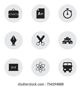 Set Of 9 Editable School Icons. Includes Symbols Such As Timer, Writing Board, Nib And More. Can Be Used For Web, Mobile, UI And Infographic Design.
