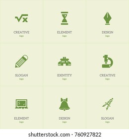 Set Of 9 Editable School Icons. Includes Symbols Such As Nib, Kindergarten, Hourglass And More. Can Be Used For Web, Mobile, UI And Infographic Design.